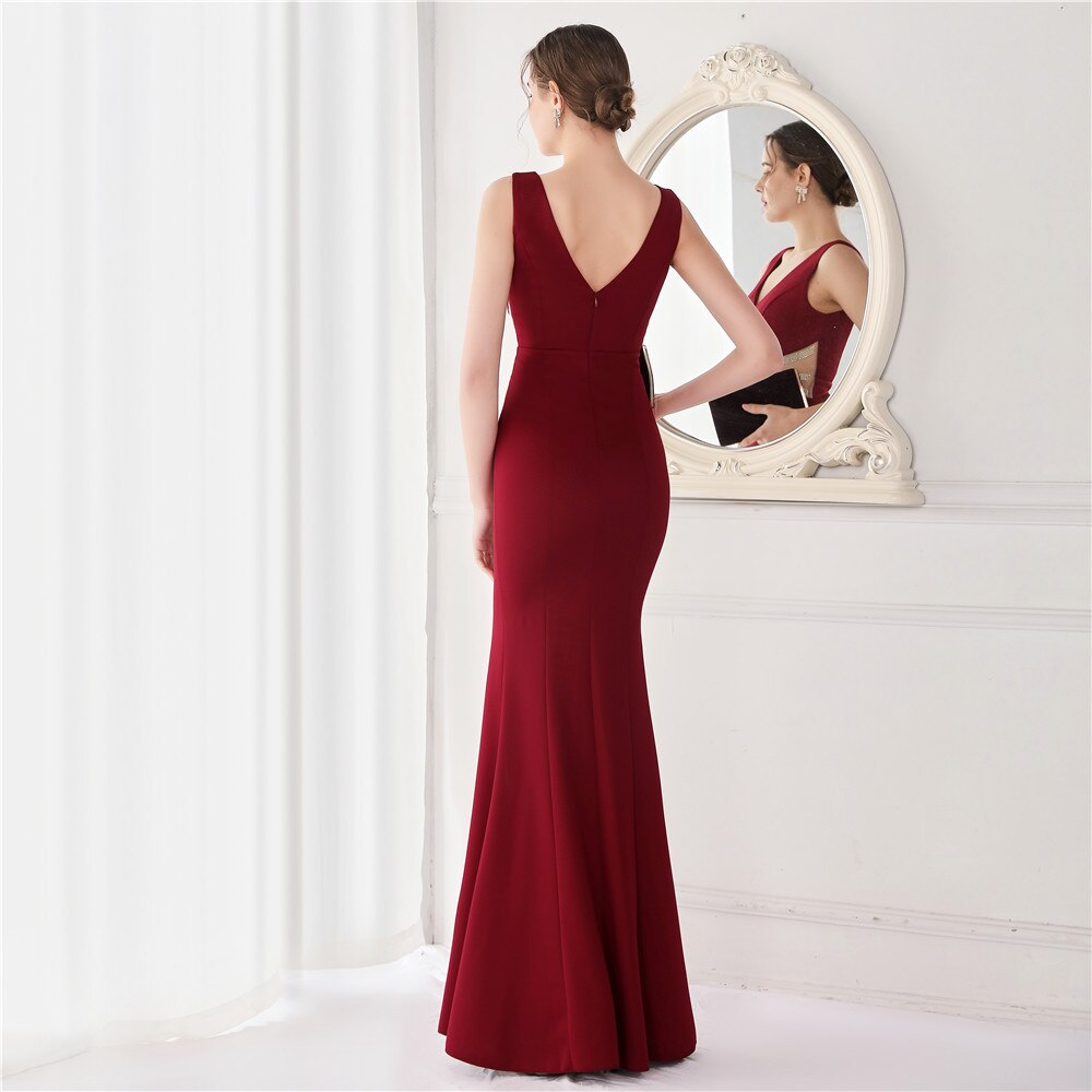 New Women Elegant V-Neck Hot Fix Rhinestone Formal Evening Dress Sexy High Slit Knitting Party Maxi Dress Vestidos