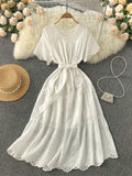 Women Cutwork Embroidery Elegant Midi Dress With Belt Round Neck Short Sleeve Casual Dress