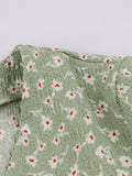 Short Sleeve V-Neck Single-Breasted Floral Robe A Line Summer Women Vintage Style Knee Length Dress in Green