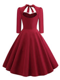 Sweetheart Neck Burgundy Solid A-Line Vintage Party Women Evening Elegant Autumn 3/4 Length Sleeve Midi Dress