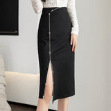 High Waist Women Spring Office Style All-match Black Ladies Elegant Knee-length Skirt