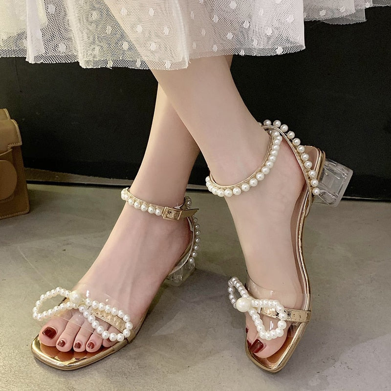 Summer Ankle Strap Pearls Sandals PVC Transparent Heels Sandalias Mujer Beaded Bow Party Shoes