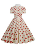 Turn-Down Collar Button Front 50s Pinup Robe Elegant Dresses Summer Women Polka Dot Vintage Midi Dress
