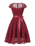 Sweetheart Neck Elegant Burgundy Lace Evening Party Cap Sleeve Summer Vintage A-Line Swing Dress