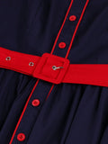 Turn-Down Collar Button Up Rockabilly Vintage 50s Cotton Shirt Dress Short Sleeve Women Red Belt Elegant Pleated Dresses