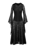 Hooded Black Lace Gothic Clothes Lolita Dresses for Women Flare Sleeve Lace-Up Back Medieval Vintage Maxi Dress