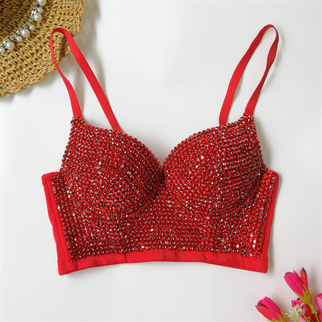 Bustier Lingerie Sexy Removable Strap Rhinestones Shiny Corset Night Club Party Crop Top Push Up Bra