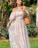 Summer Chiffon Floral Elegant Midi Casual Puff Sleeve Sweet Princess Vintage Lace Vacation Dress