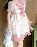Summer Print Bow Sweet Bandage Lace Fluffy Cute Party Mini Korean Puff Sleeve Fairy Dress