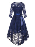 Vintage Robe Floral Lace Elegant High Low Hem Maxi Women O-Neck 3/4 Length Sleeve Evening Party Dress