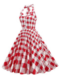 Gingham 50s Style Red Plaid Rockabilly Vintage Dresses for Women Button Front Halter Party Elegant Backless Dress