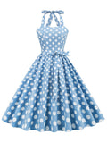 Halter Neck 50s Pin Up Polka Dot Vintage Dress Elegant Backless Party Sexy Robe Women Fit and Flare Pocket Dresses