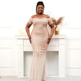 Plus Size Women Elegant Boat Neck Party Maxi Dress Off Shoulder Gold Sequin Evening Long Prom Dress