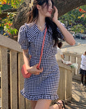 2pcs/set Summer Pearls Plaid Sweet Women Korean Puff Sleeve Kawaii Mini Skirt Set Slim Chic Party Suit