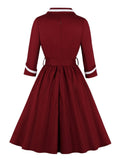 Vintage Style Wrap Belted Elegant Pleated Autumn Dress Women Winter Robe Femme 3/4 Length Sleeve Cotton Dresses