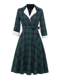 Notched Collar Vintage Green Plaid High Waist Wrap Dress Autumn Winter Women 3/4 Length Sleeve 1950 A-Line Midi Dresses