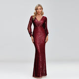 New Elegant V-neck Mermaid Evening Dress Floor Length Formal Prom Party Gown Sequins Long Sleeve Galadress