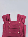 Square Neck Buttons Front High Low Hem Burgundy Dress Elegant Evening Party Women Vintage Style Dresses