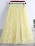 Elegant Tulle Pleated Skirt Summer Women Elastic High Waist Solid Casual Mesh Midi Skirt