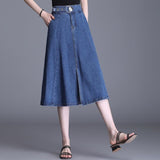 Women Solid Long Denim Vintage High Waist Streetwear Korean All-match Midi A-line Jeans Skirt