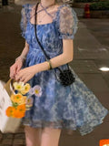 Summer Lace Floral Fairy Bandage Irregular Fluffy Sweet Mini Korean Slim chic Party Dress