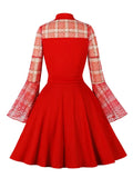 Red Elegant Evening Christmas Vintage Dress Women Turn Down Collar Plaid Mesh Long Sleeve Patchwork Slim Dresses