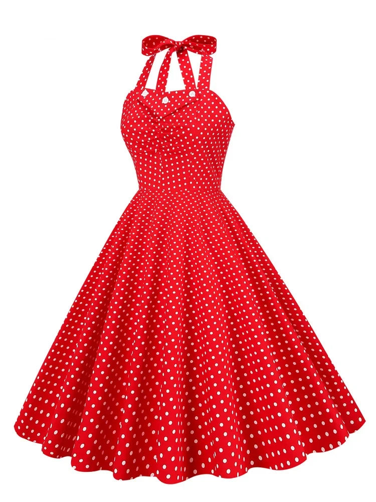 Halter Neck Button 50s Pinup Polka Dot Lace-Up Back Corset Dress Vinta FashionLoveHunter Halter Neck Button 50s Pinup Polka Dot Lace-Up Back Corset Dress Vinta FashionLoveHunter