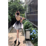 Black Elegant Party Mini Women Princess Bow France Vintage Backless Puff Sleeve Summer Dress