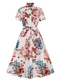 Vintage Short Sleeve Buttons Casual Summer Floral Shirt Turn-Down Collar Belted Long Dress