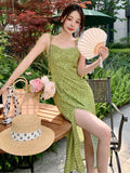 Summer Women Sexy Spaghetti Strap Green Dress Elegant Sleeveless Holiday A-Line Vestdios