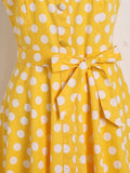 Yellow 50s Pinup Vintage Button Front Polka Dot Summer Tank Dresses Women Evening Party Belted Cotton Midi Dress