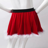 Kids Girls Christmas Santa Costume Mrs Claus Ruffled Mini Skirt High-Waist Belted Fur Trim Velvet Dance Party Mini Rulffe Dress