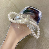 Summer Ankle Strap Pearls Sandals PVC Transparent Heels Sandalias Mujer Beaded Bow Party Shoes