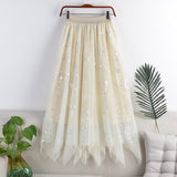 Spring Women Elastic High Waist Pleated Double Layer Mesh Sequins A-Line Skirts Streetwear