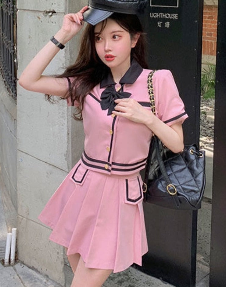 2pcs/set Summer Ruched Bow Sweet Women Korean Button Kawaii Mini Skirt Set Slim Fit Party Suit