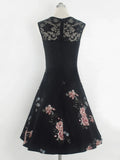 A Line Peony Floral Vintage Dress Women Contrast Lace Elegant Summer Ladies Dresses Retro Party Black