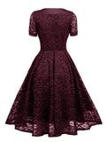 O-Neck Short Sleeve High Waist Vintage Lace Elegant Women Solid Pleated Midi Dresses