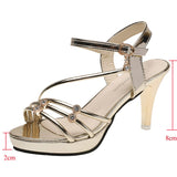 Crystal Thin High Heels Summer Ankle Strap Platform Sandal Woman Gold Silver Ladies Party Shoes