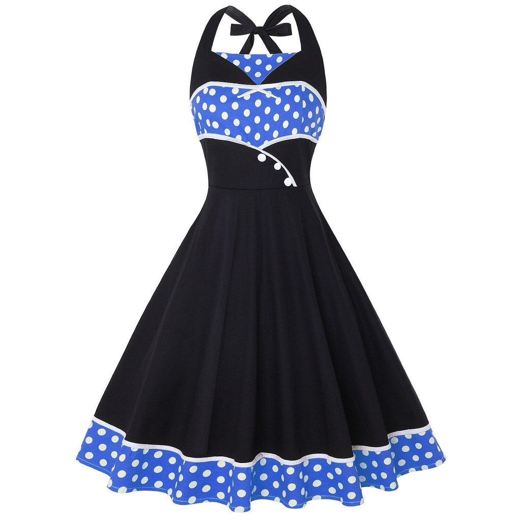 2022 Elegant Vintage Floral Print Pleated Casual Dress Polka Dot Vestidos A-Line Pinup Business Party Women Flare Swing Dresses