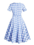 White and Blue Plaid V-Neck Short Sleeve Women Summer Elegant Dress Vintage A-Line High Waist Midi Dresses with Belt