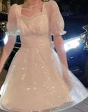 Summer Glitter Bow Sweet Off Shoulder Solid Fairy Korean Designer Bandage Party Dress
