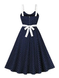 O-Neck Bow Front High Waist Polka Dot Long Dresses in Navy Blue Backless Elegant Women Summer Vintage Tank Dress
