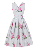 V-Neck Button Up Sleeveless Belted Pleated Vintage Floral Elegant Women Evening Party Midi Dress