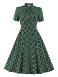 Bow Tie Neck Button Front Polka Dot Pinup 50s Vintage Shirt Dresses Women A-Line Summer Elegant Green Dress