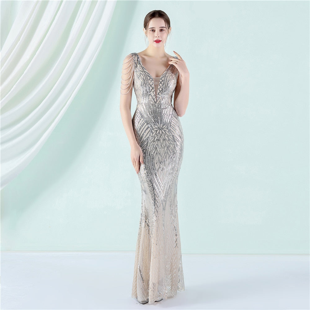 New Elegant V-neck Sleeveless Beading Evening Dress Sexy Mermaid Sequin Women Floor length Party Dress