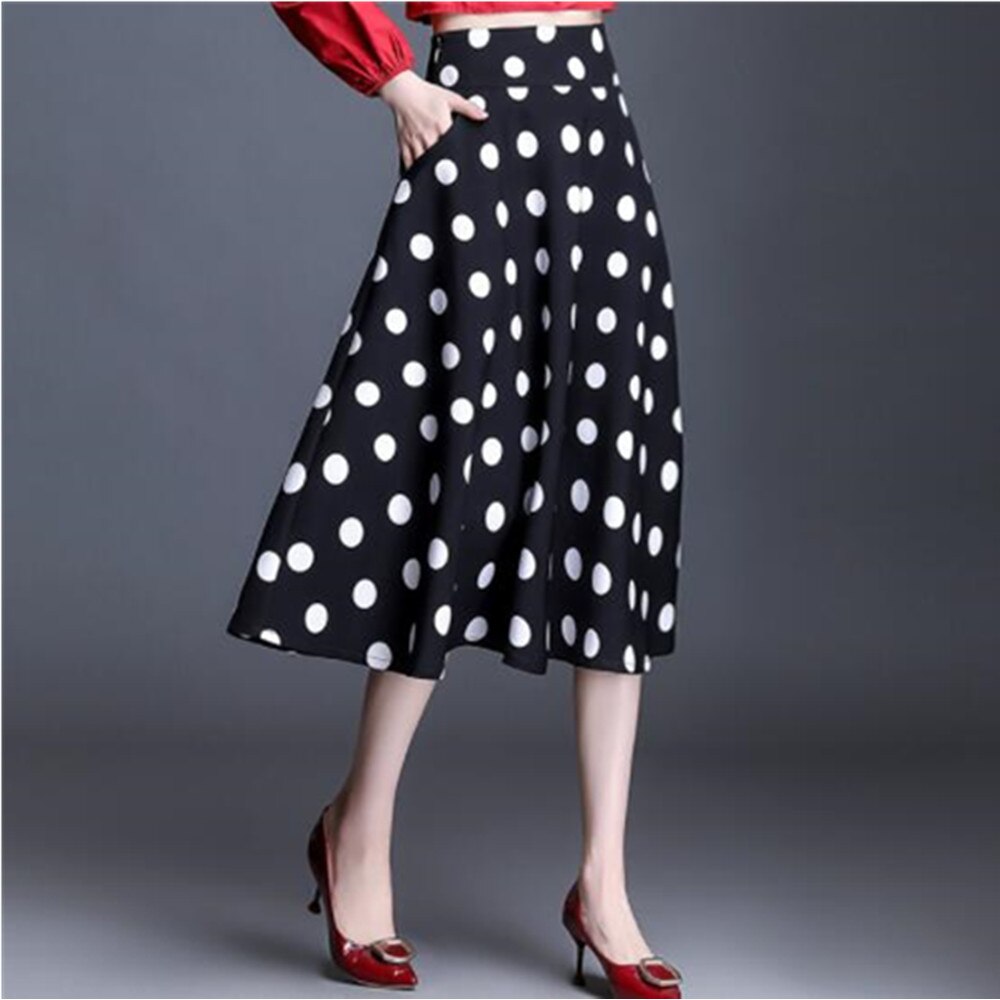 Pleated Women Summer Midi High Waist Skirt Vintage Polka Dot Office Wear A Line Skirt