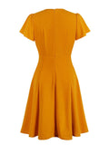 Vintage Bow Tie Neck High Waist Orange Women Dress Short Sleeve Elegant Summer Fit and Flare Solid Dresses