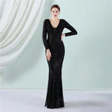 Stretch Sequin Maxi Dress Full Sleeve V Neck Mermaid Stripes Evening Night Long Party Dress