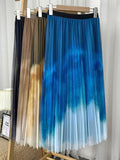 Long Women Tie Dye Print Gradient Color Mesh Pleated Skirt Elastic High Waist Tulle Midi Skirt