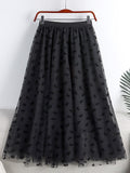 Elegant Long Women Butterfly Flocking Tulle Elastic High Waist Casual Mesh A Line Midi Skirt